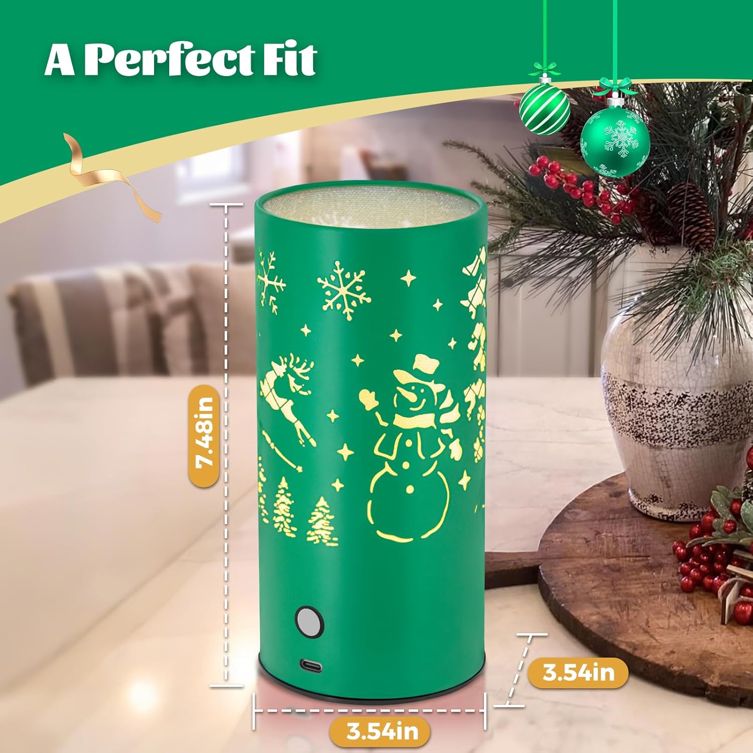 Christmas Table Lamp with Hollow-Out Design - Rechargeable Touch Control Dual Color LED, Warm/Cool White Metal Decor for Home Desk Party, 1200mAh Battery - 2pack(Greed)