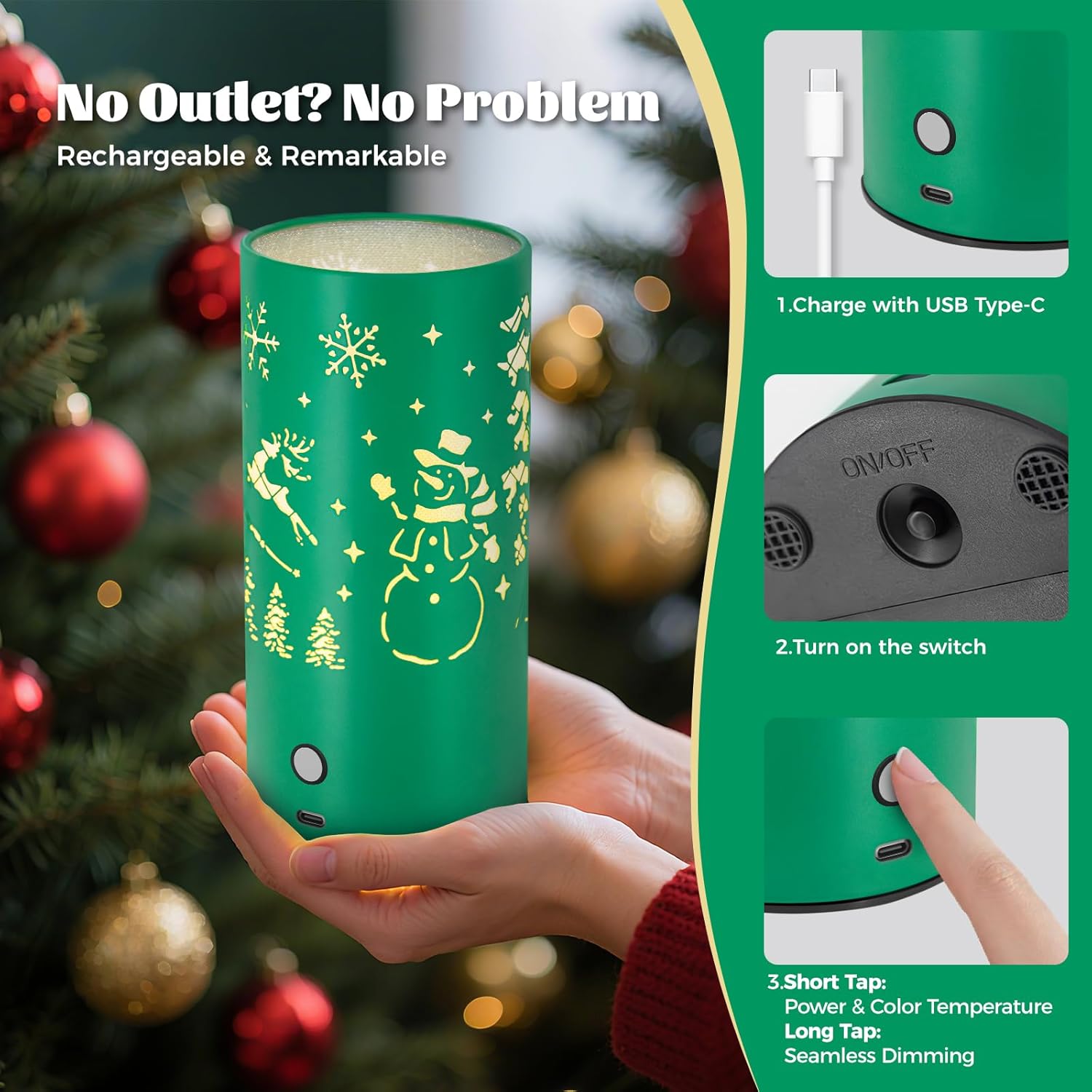 Christmas Table Lamp with Hollow-Out Design - Rechargeable Touch Control Dual Color LED, Warm/Cool White Metal Decor for Home Desk Party, 1200mAh Battery - 2pack(Greed)