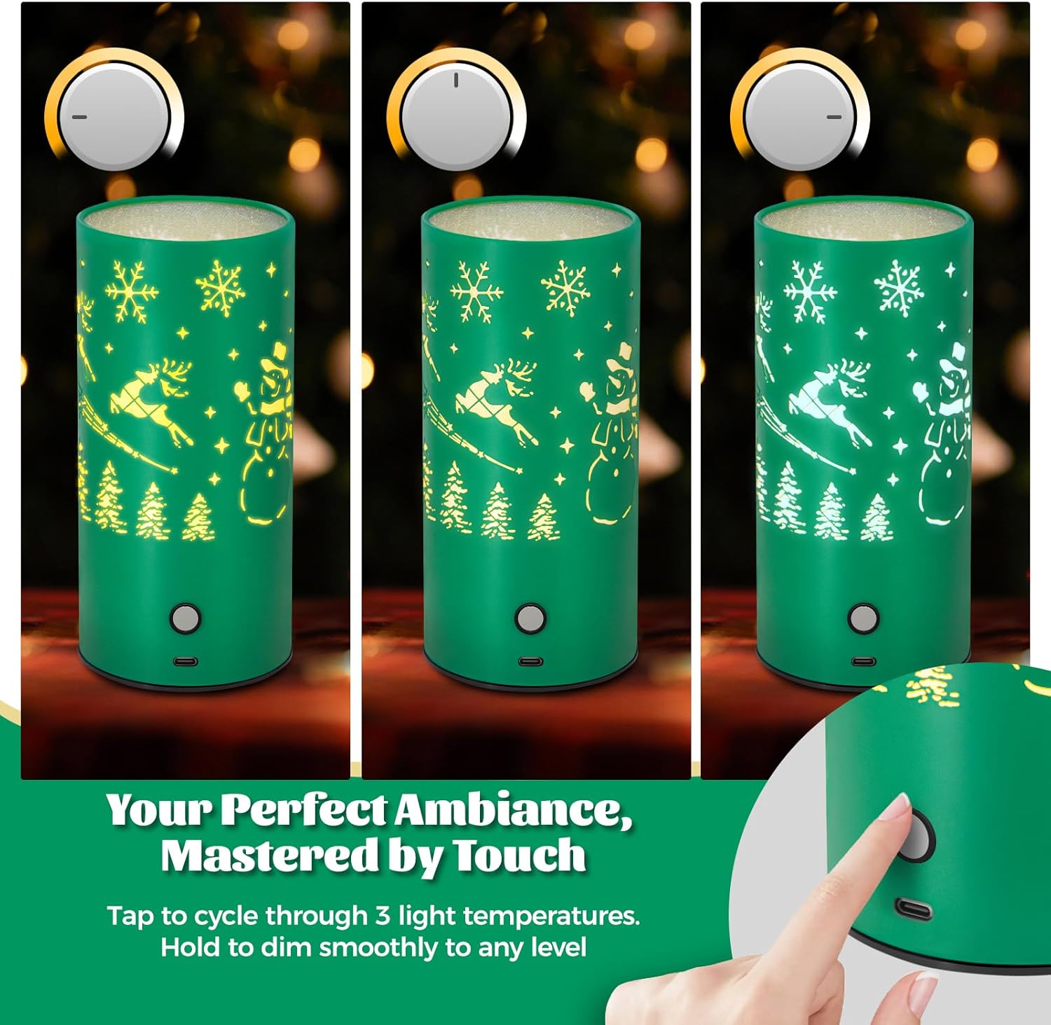 Christmas Table Lamp with Hollow-Out Design - Rechargeable Touch Control Dual Color LED, Warm/Cool White Metal Decor for Home Desk Party, 1200mAh Battery - 2pack(Greed)