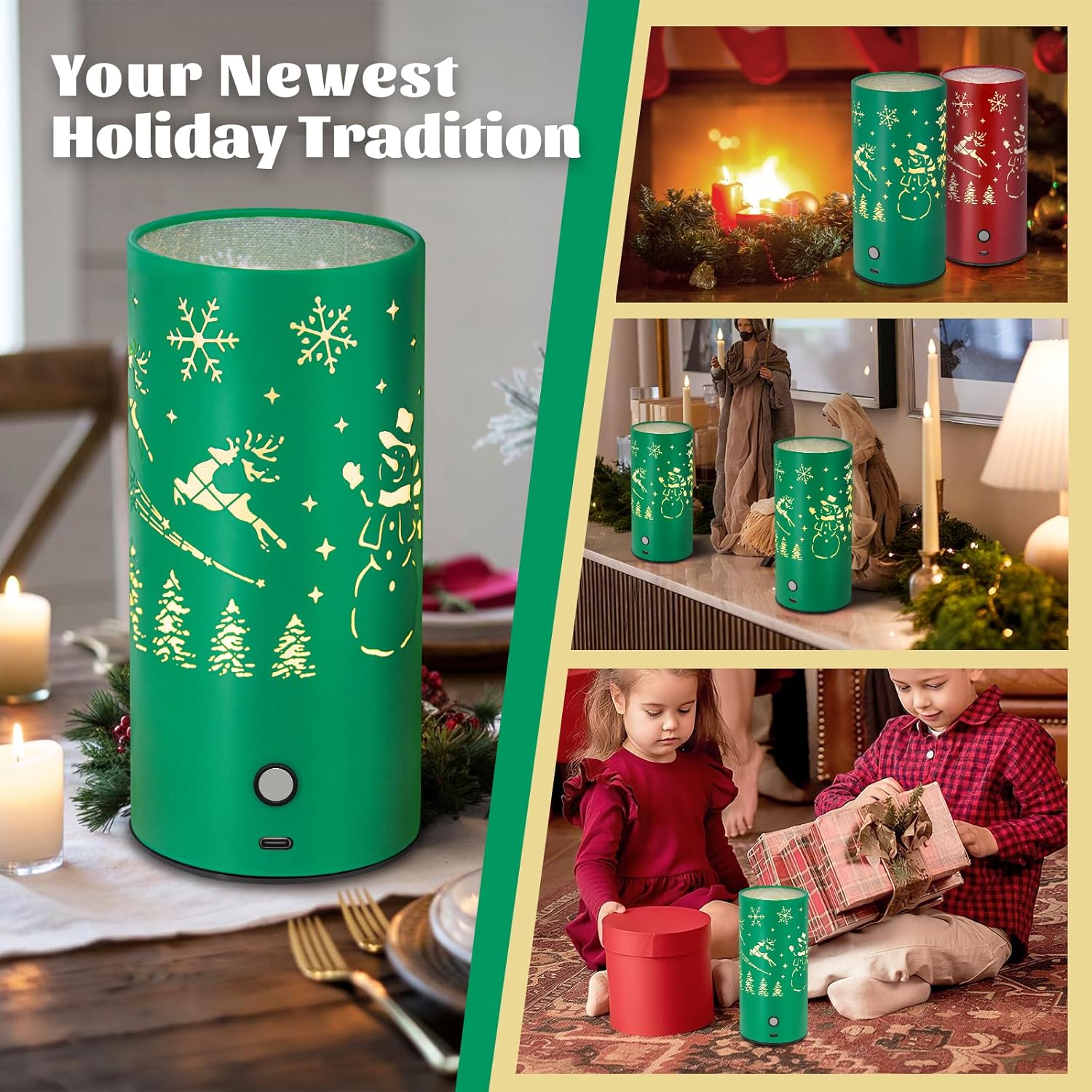 Christmas Table Lamp with Hollow-Out Design - Rechargeable Touch Control Dual Color LED, Warm/Cool White Metal Decor for Home Desk Party, 1200mAh Battery - 2pack(Greed)