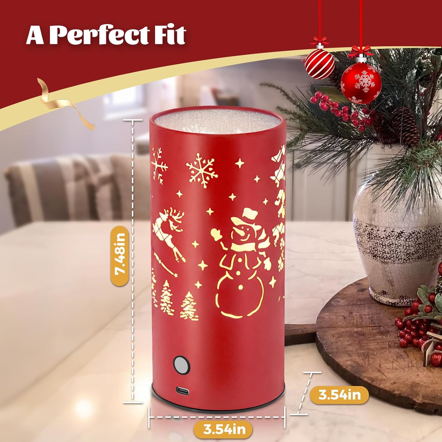 Christmas Table Lamp with Hollow-Out Design - Rechargeable Touch Control Dual Color LED, Warm/Cool White Metal Decor for Home Desk Party, 1200mAh Battery - 2pack(Greed)