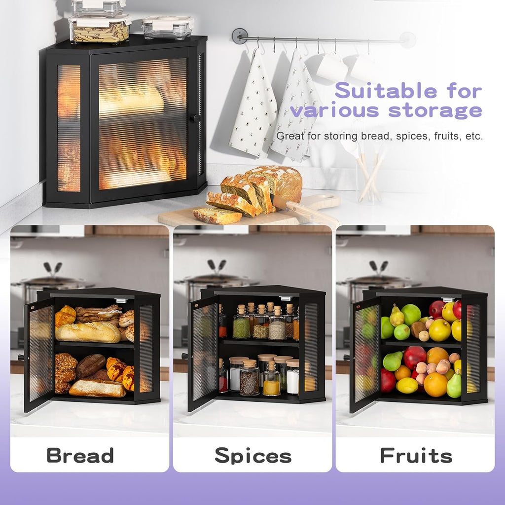 Farmhouse Corner Bread Box for Kitchen Countertop – Large White Rustic Food Storage Bin with Wavy Acrylic Door, Perfect for Country & Chicken-Themed Kitchens