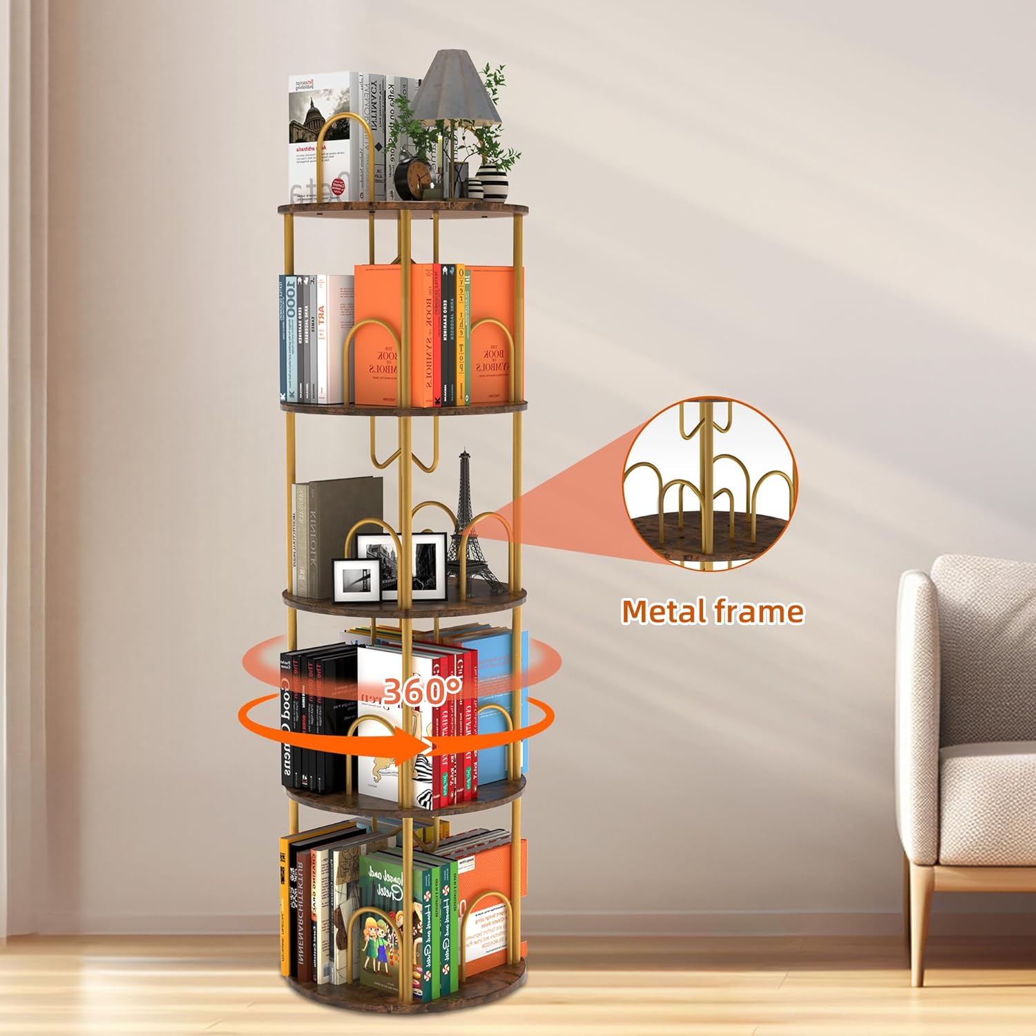 5 Tier Rotating Bookshelf, 360° Spinning Bookshelf Tower, Narrow Corner Book Shelf