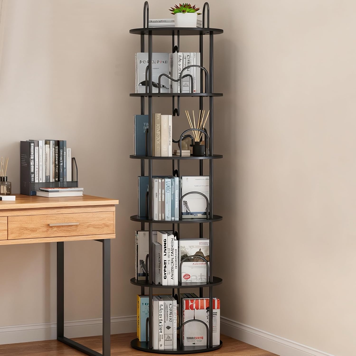 5 Tier Rotating Bookshelf, 360° Spinning Bookshelf Tower, Narrow Corner Book Shelf