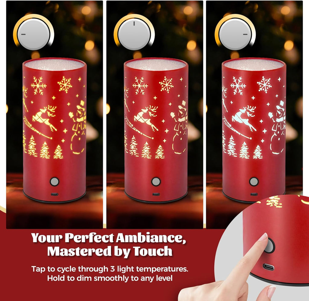 Christmas Table Lamp with Hollow-Out Design - Rechargeable Touch Control Dual Color LED, Warm/Cool White Metal Decor for Home Desk Party, 1200mAh Battery - 2pack(Greed)