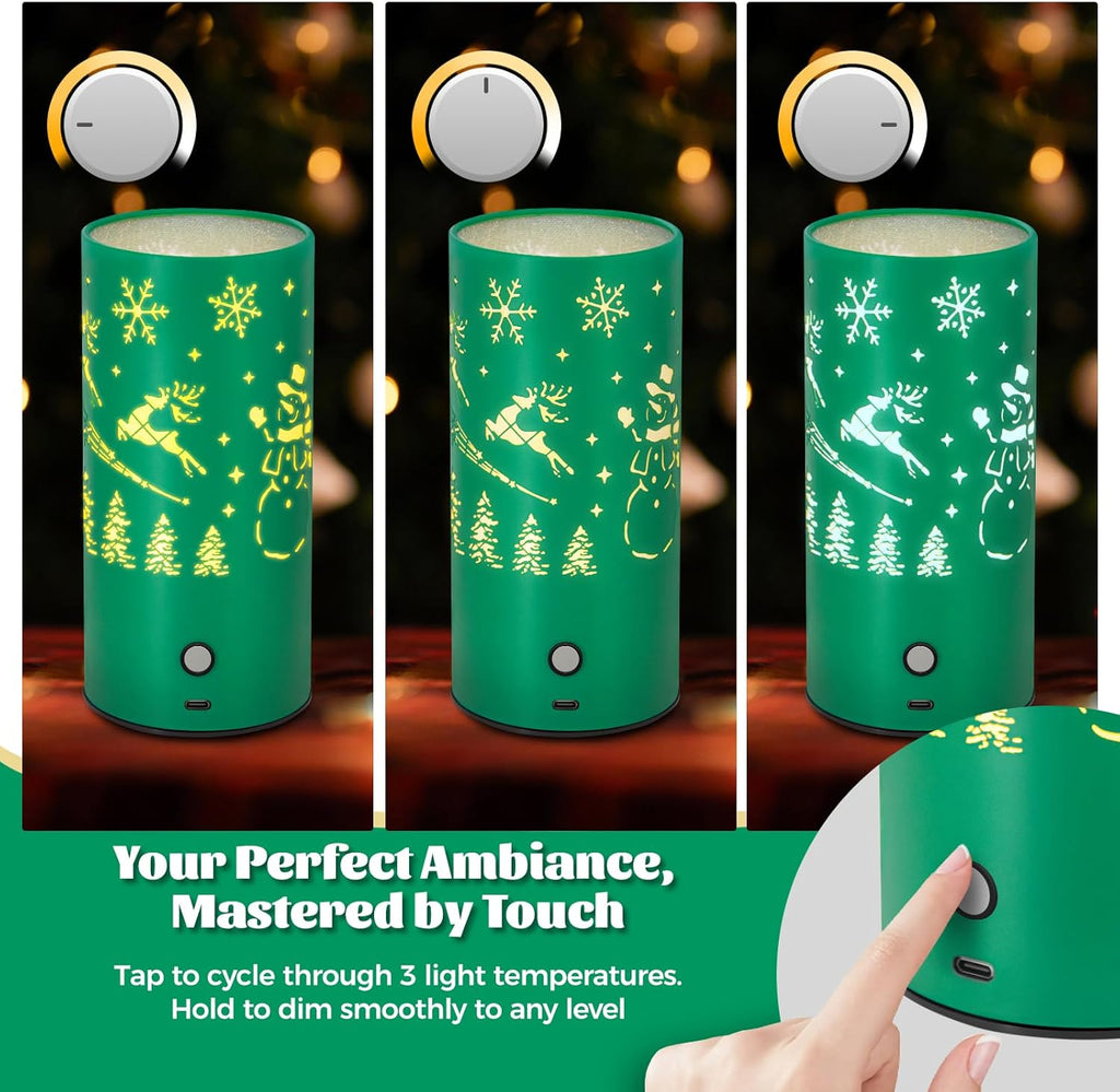 Christmas Table Lamp with Hollow-Out Design - Rechargeable Touch Control Dual Color LED, Warm/Cool White Metal Decor for Home Desk Party, 1200mAh Battery - 2pack(Greed)