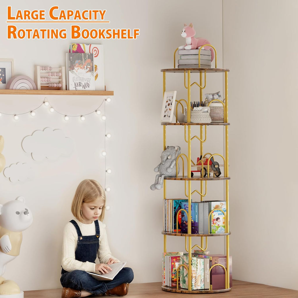 5 Tier Rotating Bookshelf, 360° Spinning Bookshelf Tower, Narrow Corner Book Shelf