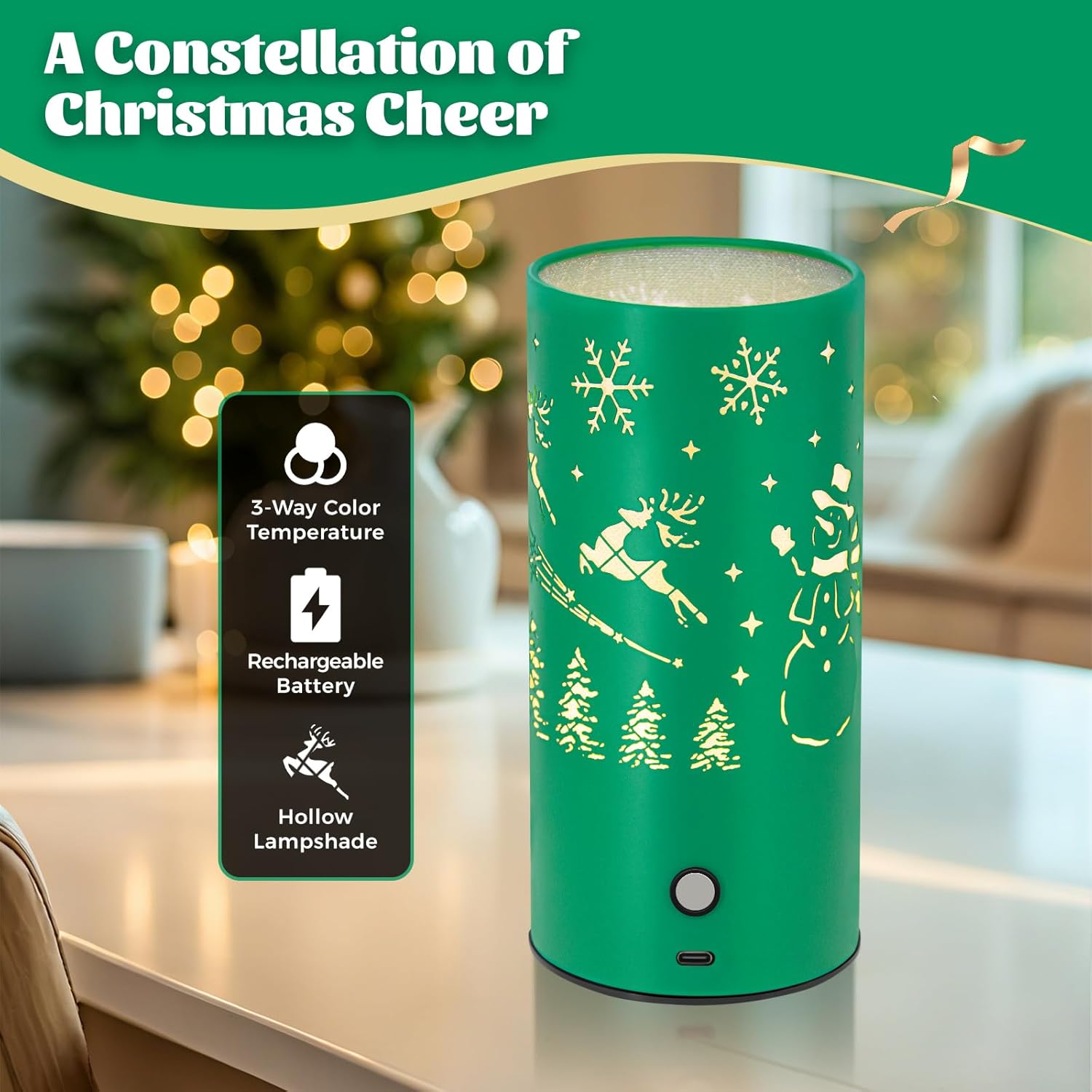 Christmas Table Lamp with Hollow-Out Design - Rechargeable Touch Control Dual Color LED, Warm/Cool White Metal Decor for Home Desk Party, 1200mAh Battery - 2pack(Greed)