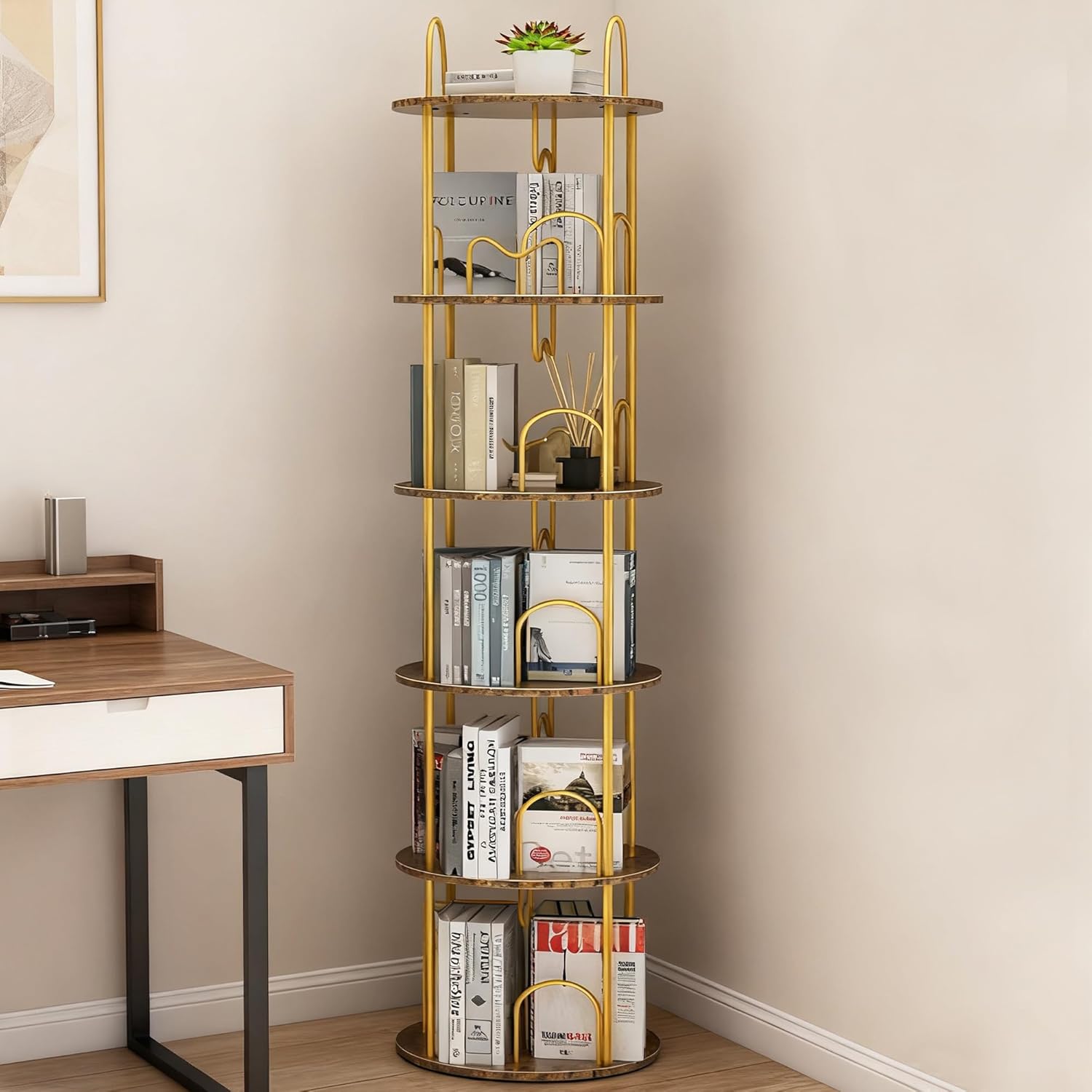 5 Tier Rotating Bookshelf, 360° Spinning Bookshelf Tower, Narrow Corner Book Shelf