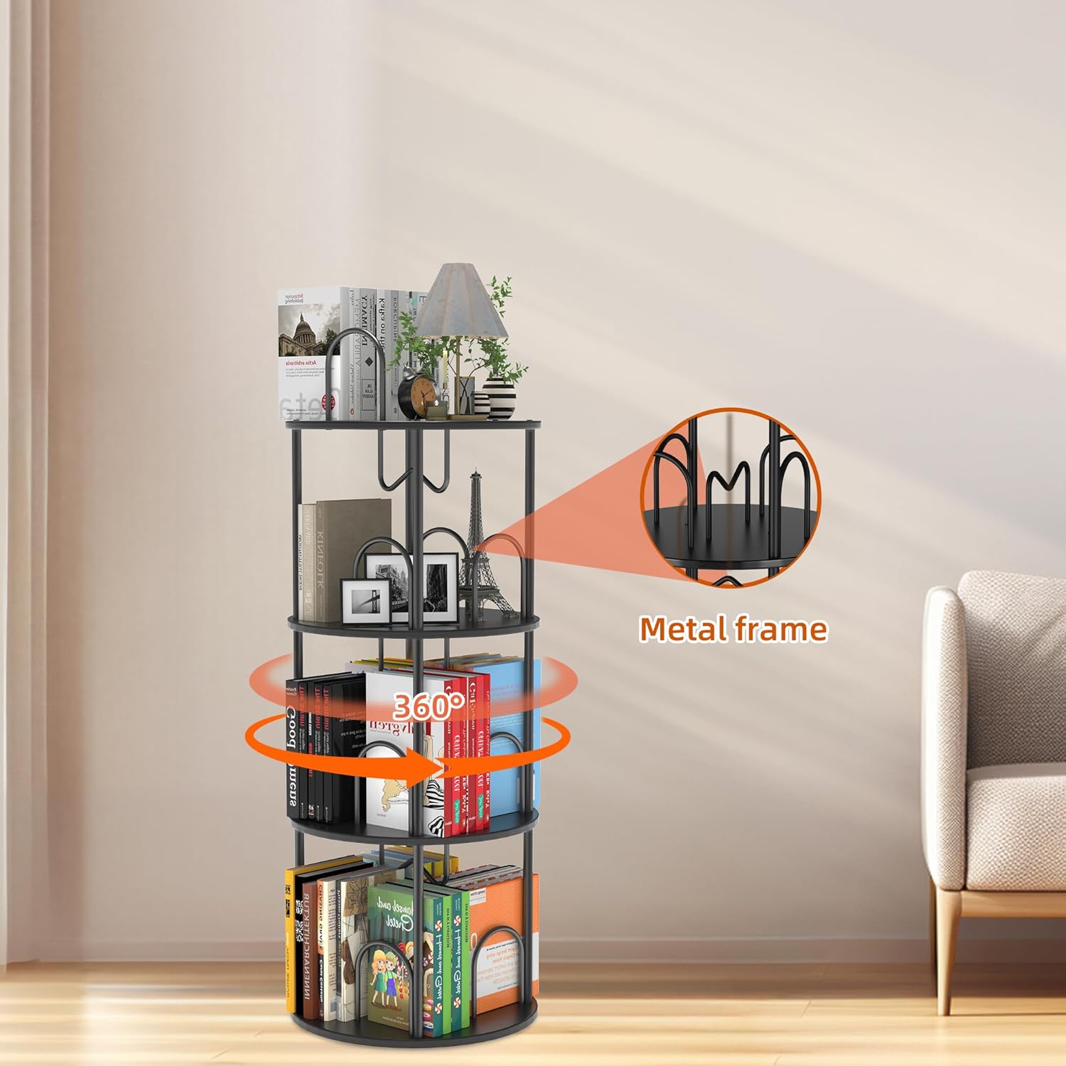 5 Tier Rotating Bookshelf, 360° Spinning Bookshelf Tower, Narrow Corner Book Shelf