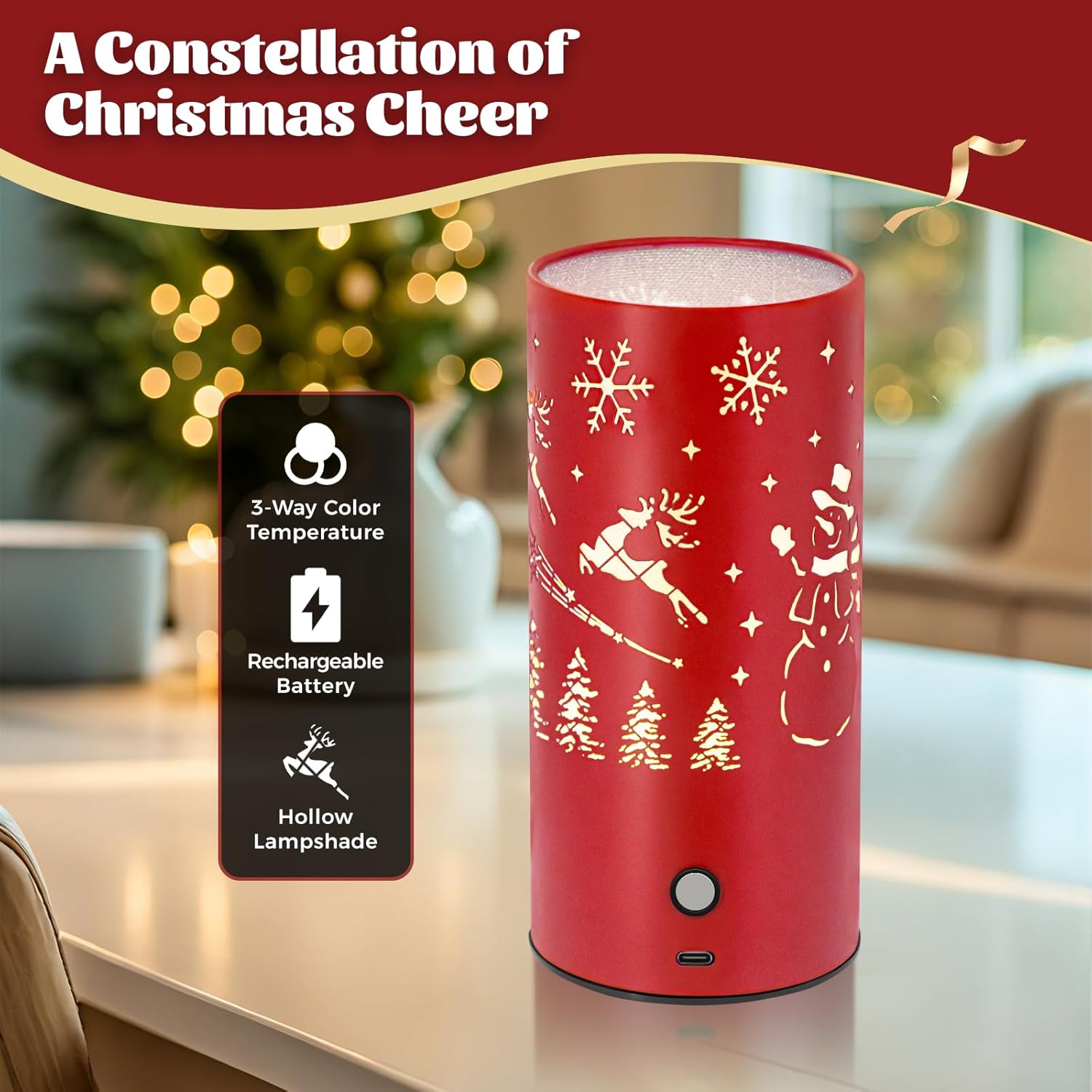 Christmas Table Lamp with Hollow-Out Design - Rechargeable Touch Control Dual Color LED, Warm/Cool White Metal Decor for Home Desk Party, 1200mAh Battery - 2pack(Greed)