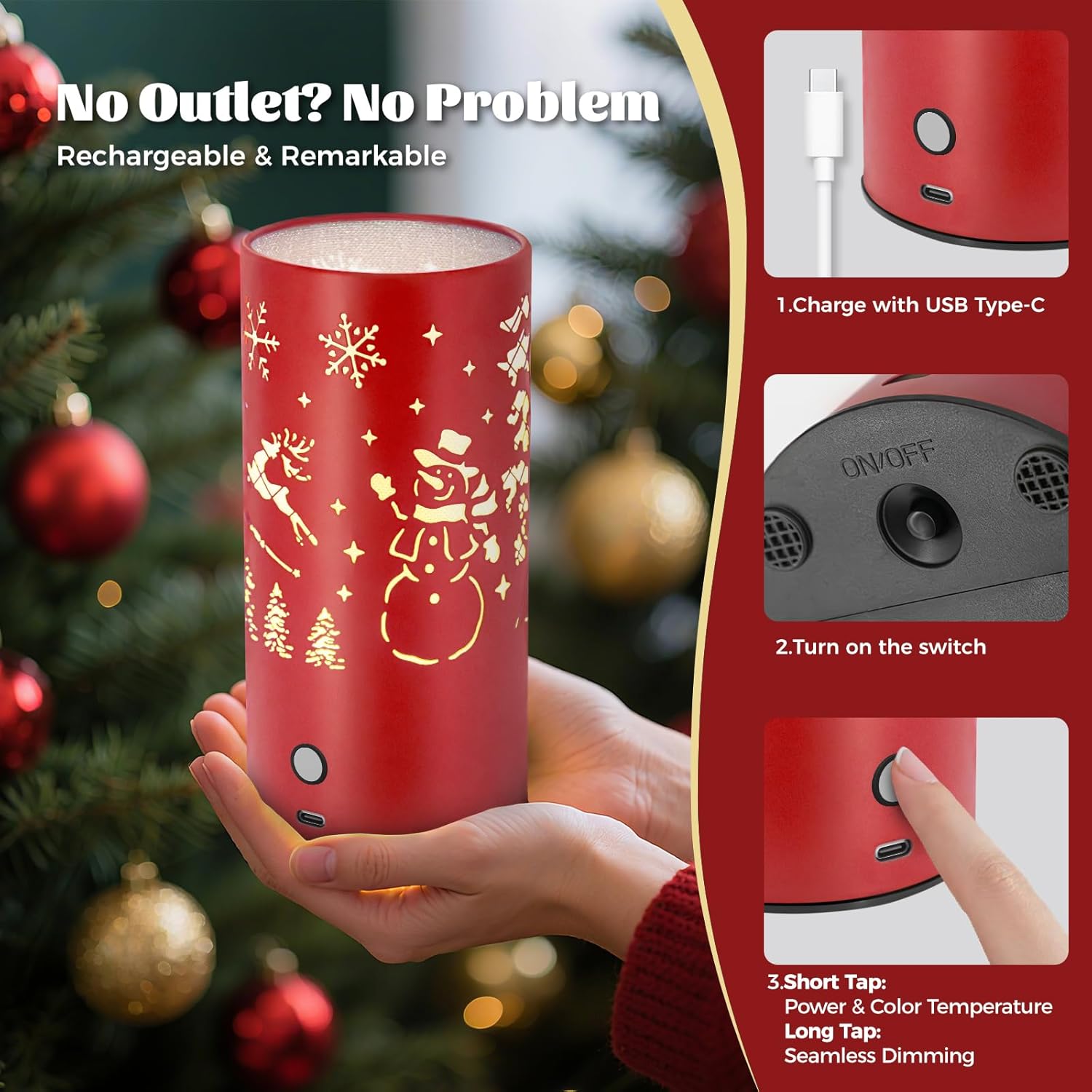 Christmas Table Lamp with Hollow-Out Design - Rechargeable Touch Control Dual Color LED, Warm/Cool White Metal Decor for Home Desk Party, 1200mAh Battery - 2pack(Greed)