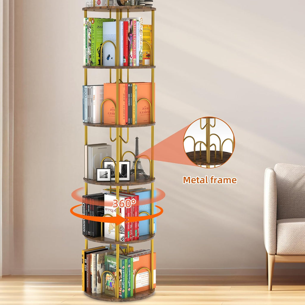 5 Tier Rotating Bookshelf, 360° Spinning Bookshelf Tower, Narrow Corner Book Shelf
