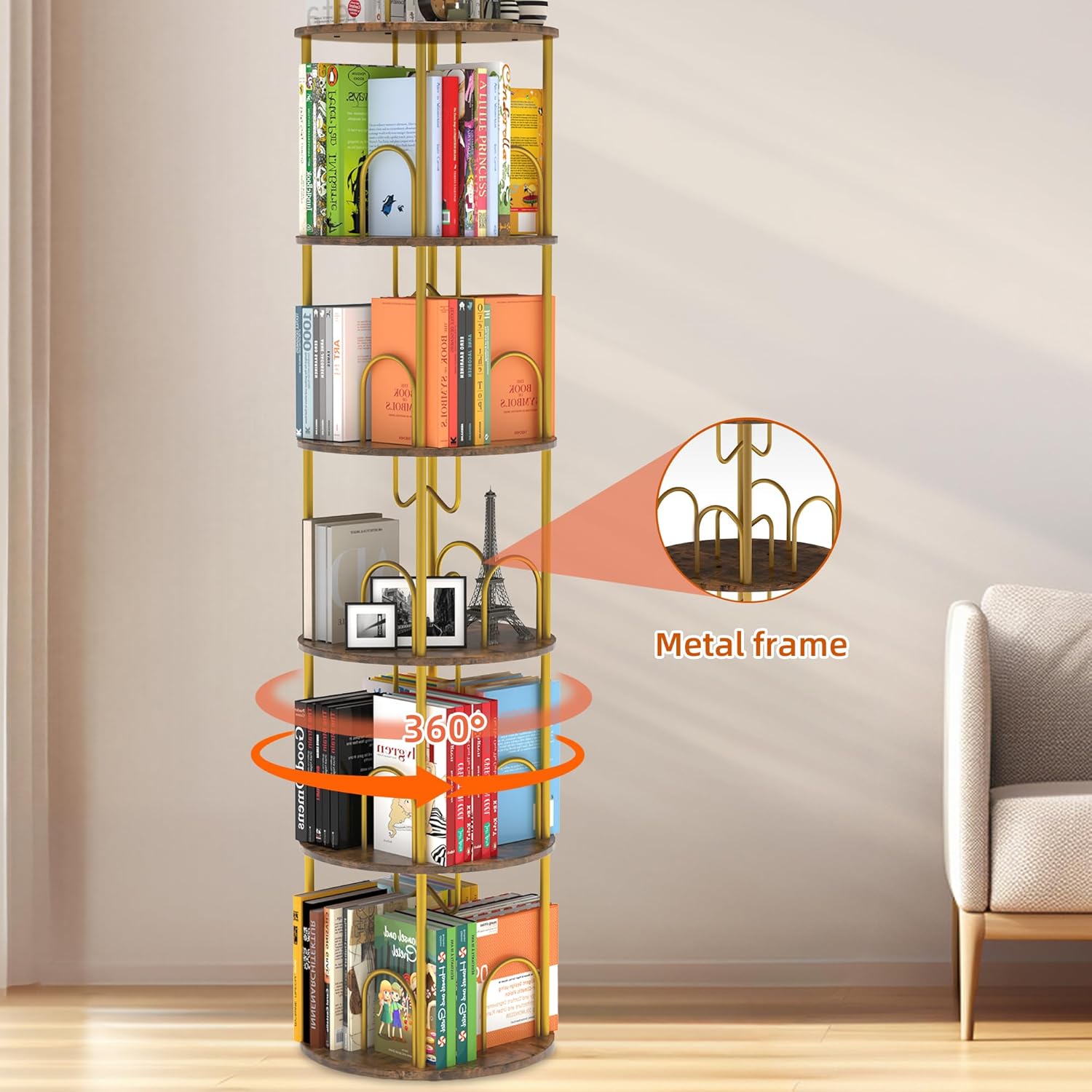 5 Tier Rotating Bookshelf, 360° Spinning Bookshelf Tower, Narrow Corner Book Shelf