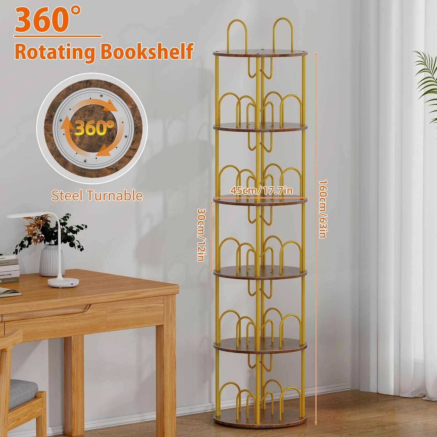 5 Tier Rotating Bookshelf, 360° Spinning Bookshelf Tower, Narrow Corner Book Shelf