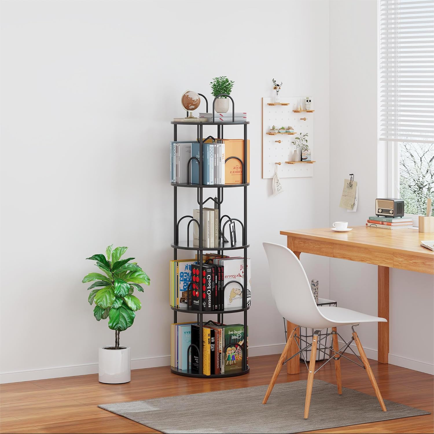 5 Tier Rotating Bookshelf, 360° Spinning Bookshelf Tower, Narrow Corner Book Shelf