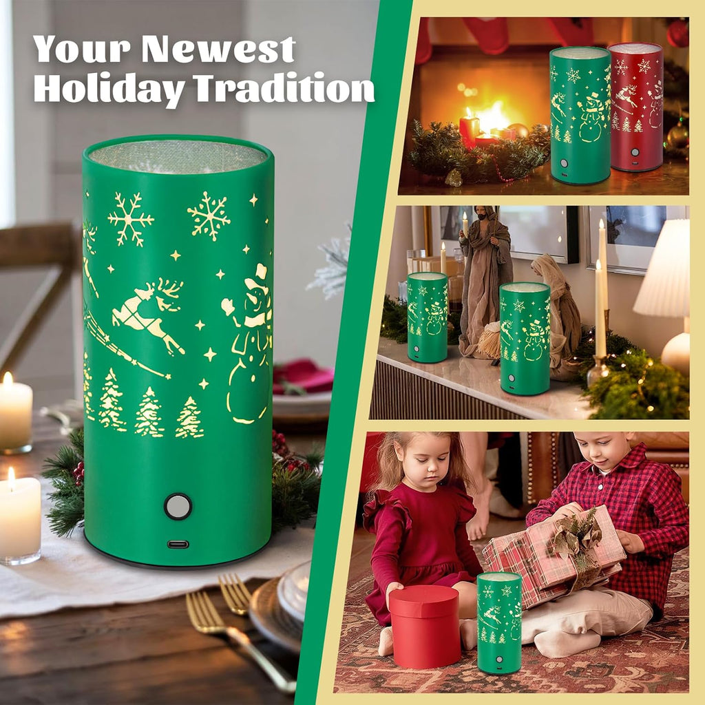 Christmas Table Lamp with Hollow-Out Design - Rechargeable Touch Control Dual Color LED, Warm/Cool White Metal Decor for Home Desk Party, 1200mAh Battery - 2pack(Greed)