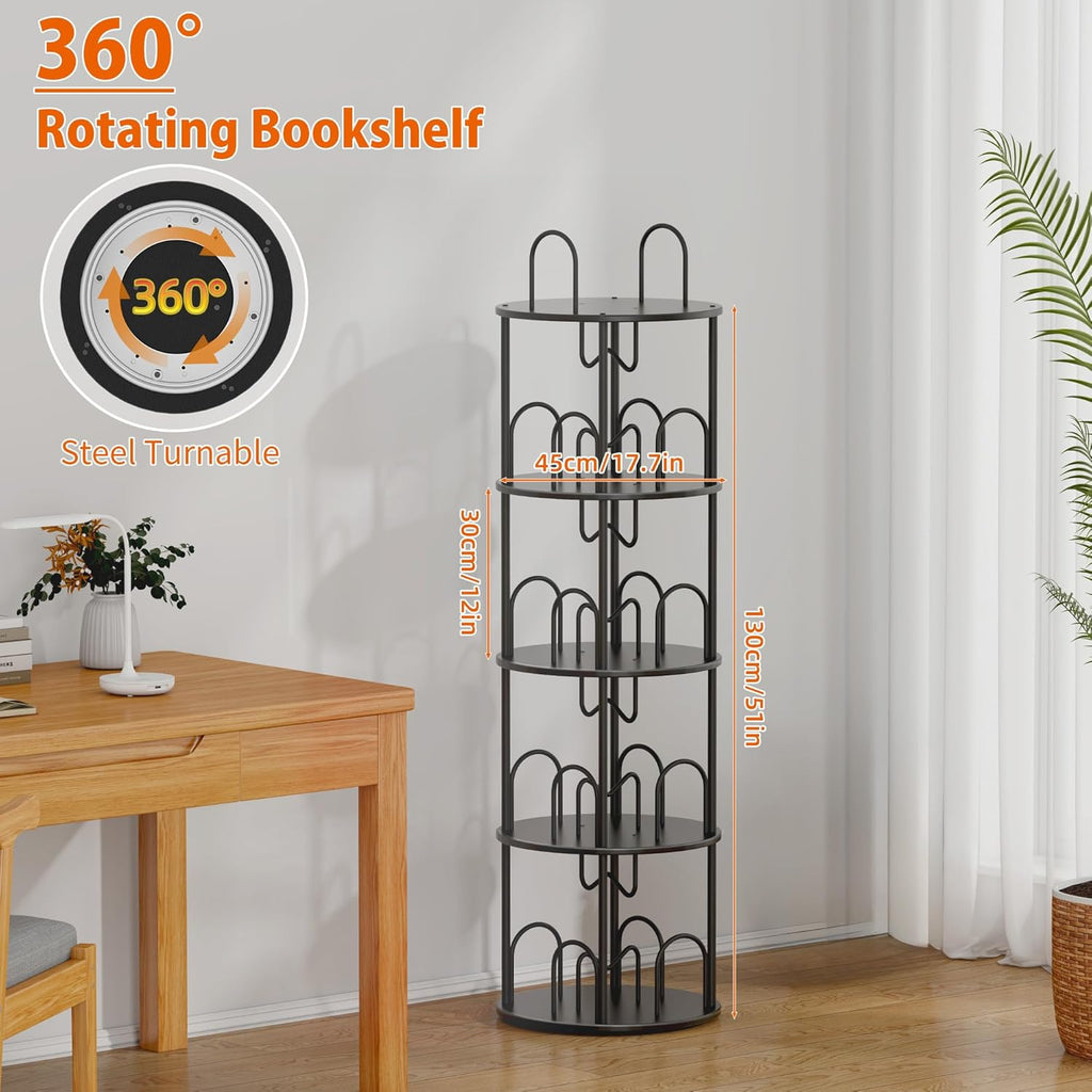 5 Tier Rotating Bookshelf, 360° Spinning Bookshelf Tower, Narrow Corner Book Shelf