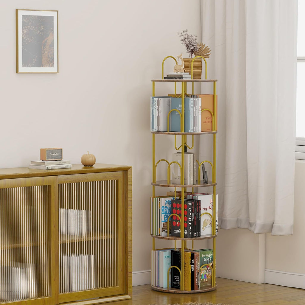 5 Tier Rotating Bookshelf, 360° Spinning Bookshelf Tower, Narrow Corner Book Shelf
