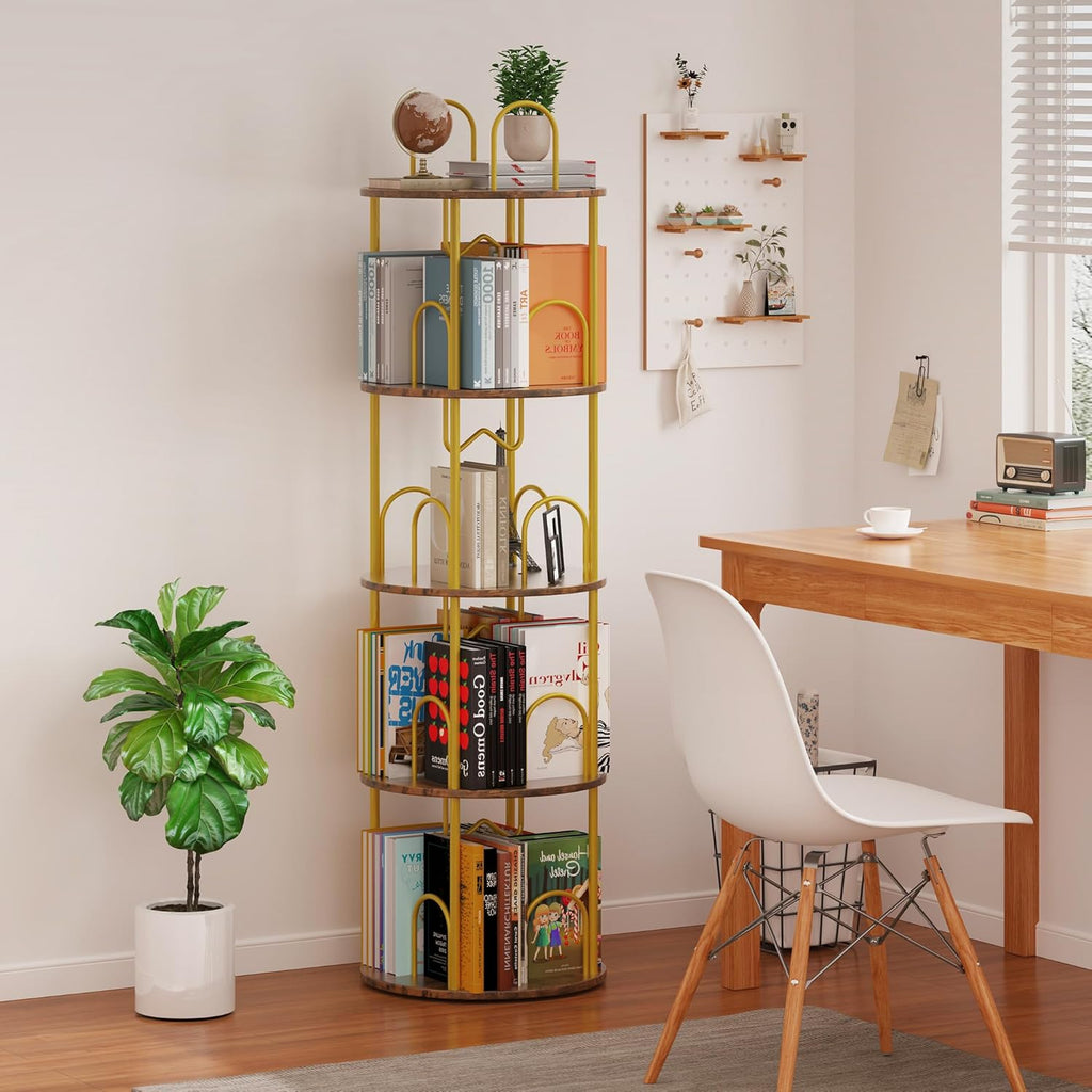 5 Tier Rotating Bookshelf, 360° Spinning Bookshelf Tower, Narrow Corner Book Shelf