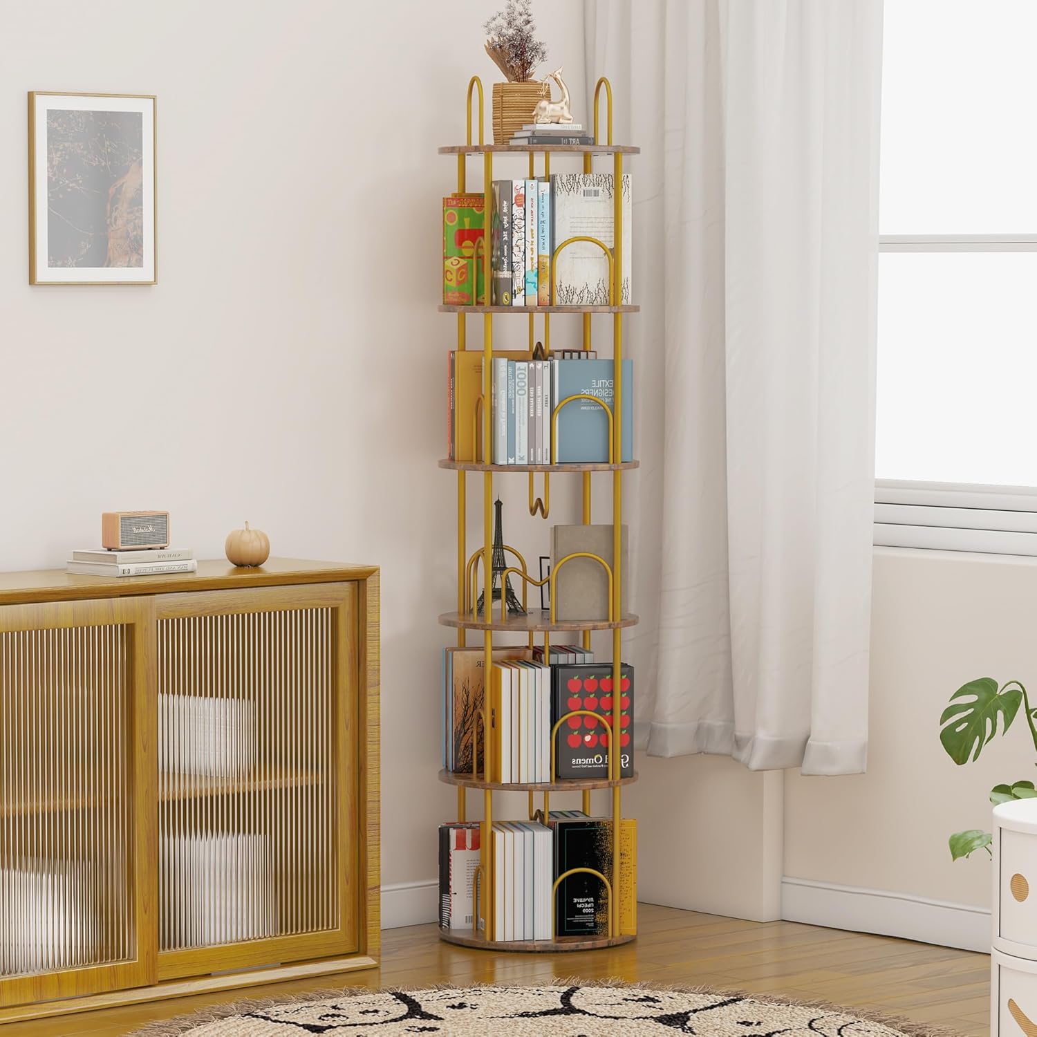 5 Tier Rotating Bookshelf, 360° Spinning Bookshelf Tower, Narrow Corner Book Shelf