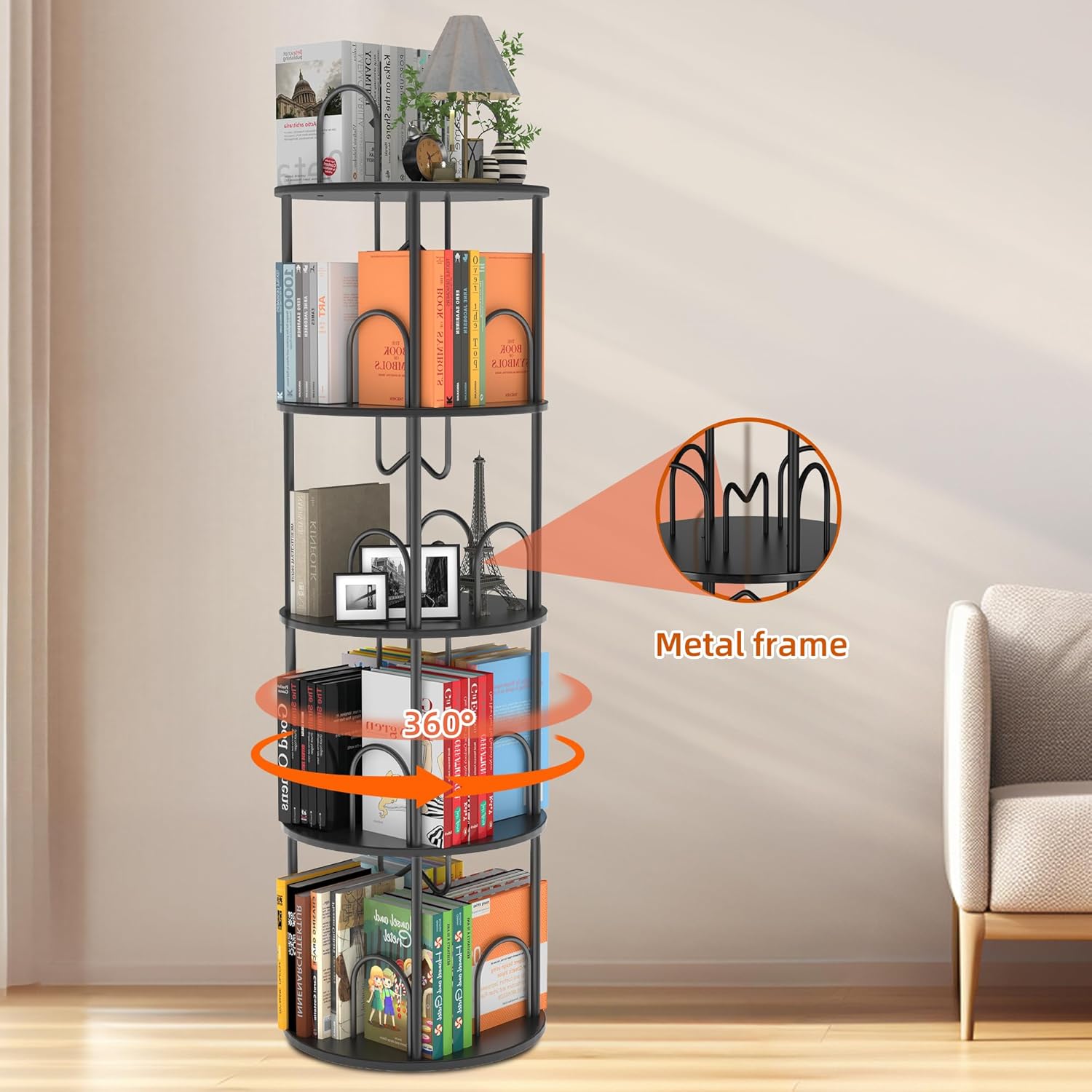 5 Tier Rotating Bookshelf, 360° Spinning Bookshelf Tower, Narrow Corner Book Shelf