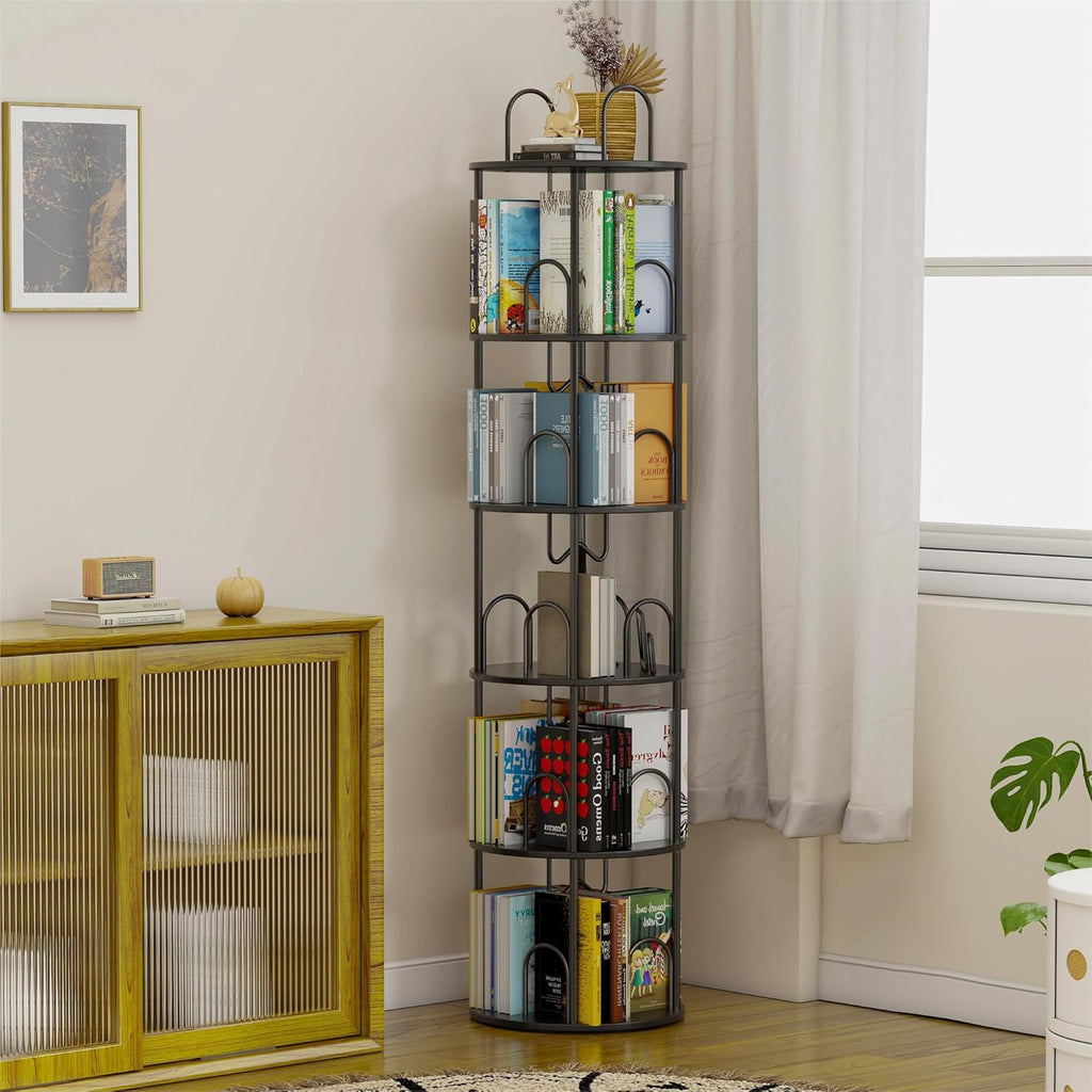 5 Tier Rotating Bookshelf, 360° Spinning Bookshelf Tower, Narrow Corner Book Shelf