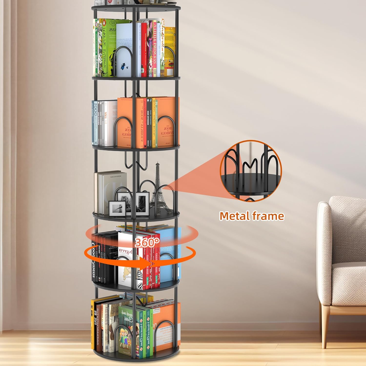 5 Tier Rotating Bookshelf, 360° Spinning Bookshelf Tower, Narrow Corner Book Shelf
