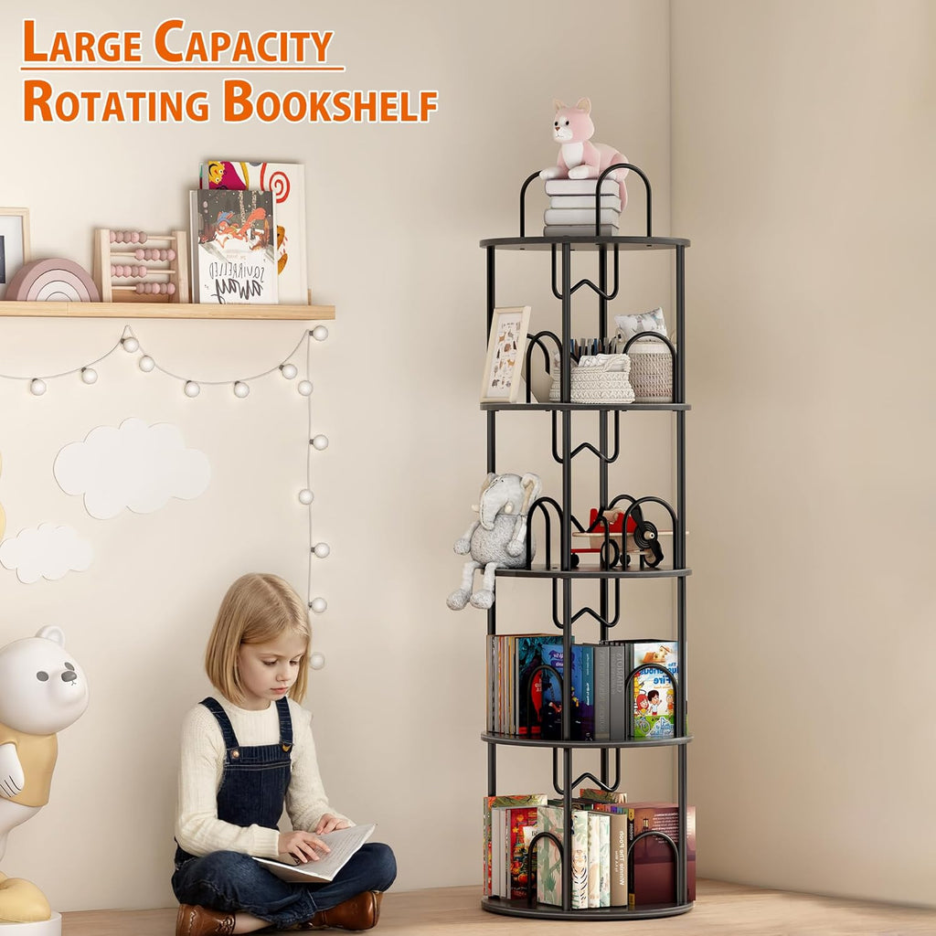 5 Tier Rotating Bookshelf, 360° Spinning Bookshelf Tower, Narrow Corner Book Shelf