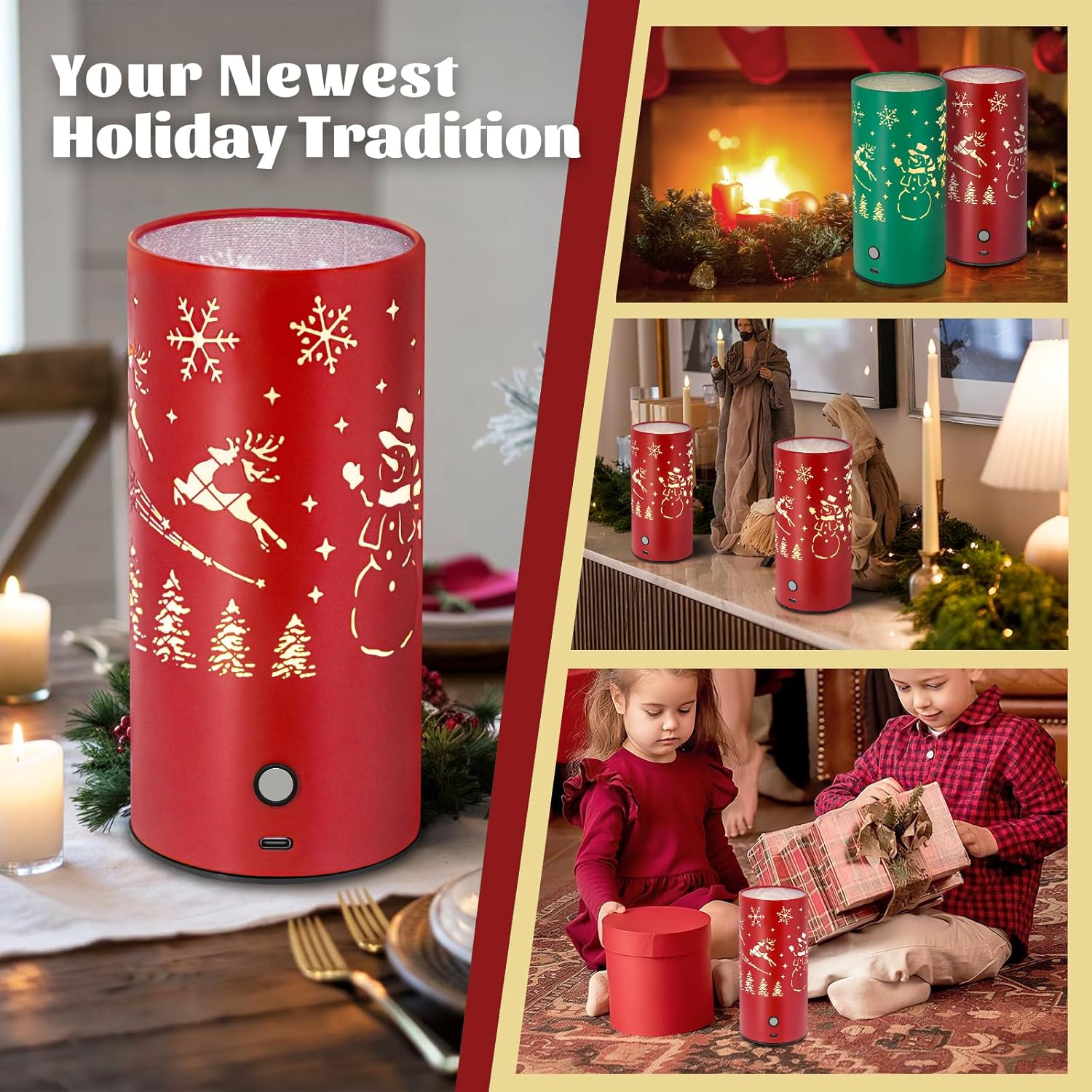 Christmas Table Lamp with Hollow-Out Design - Rechargeable Touch Control Dual Color LED, Warm/Cool White Metal Decor for Home Desk Party, 1200mAh Battery - 2pack(Greed)