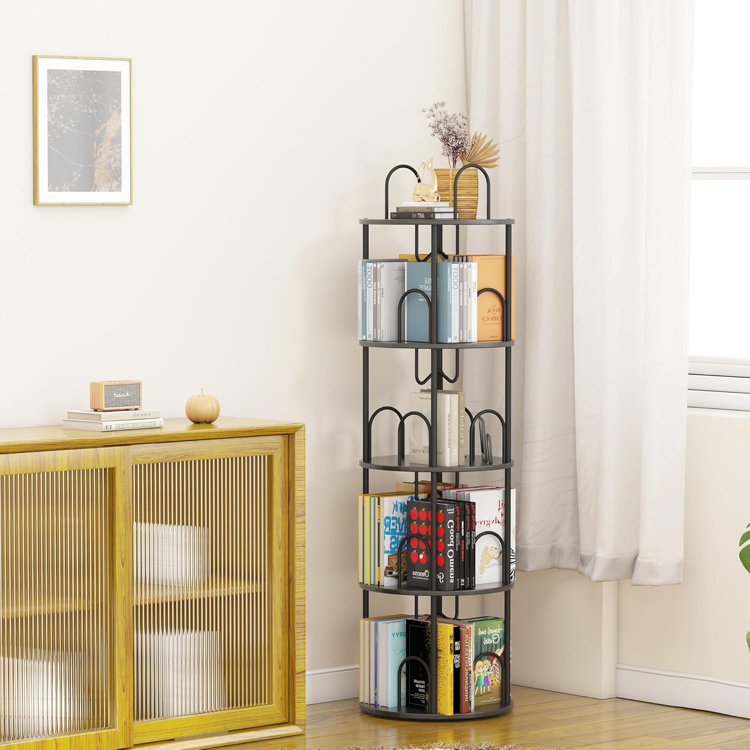 5 Tier Rotating Bookshelf, 360° Spinning Bookshelf Tower, Narrow Corner Book Shelf