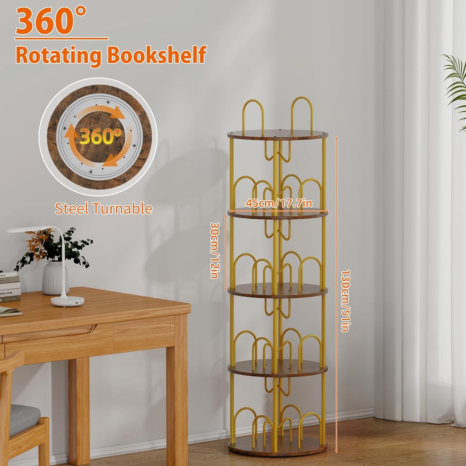 5 Tier Rotating Bookshelf, 360° Spinning Bookshelf Tower, Narrow Corner Book Shelf