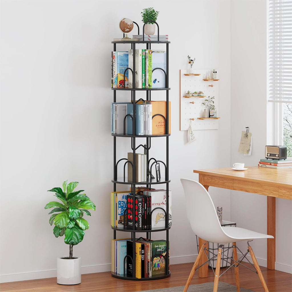 5 Tier Rotating Bookshelf, 360° Spinning Bookshelf Tower, Narrow Corner Book Shelf