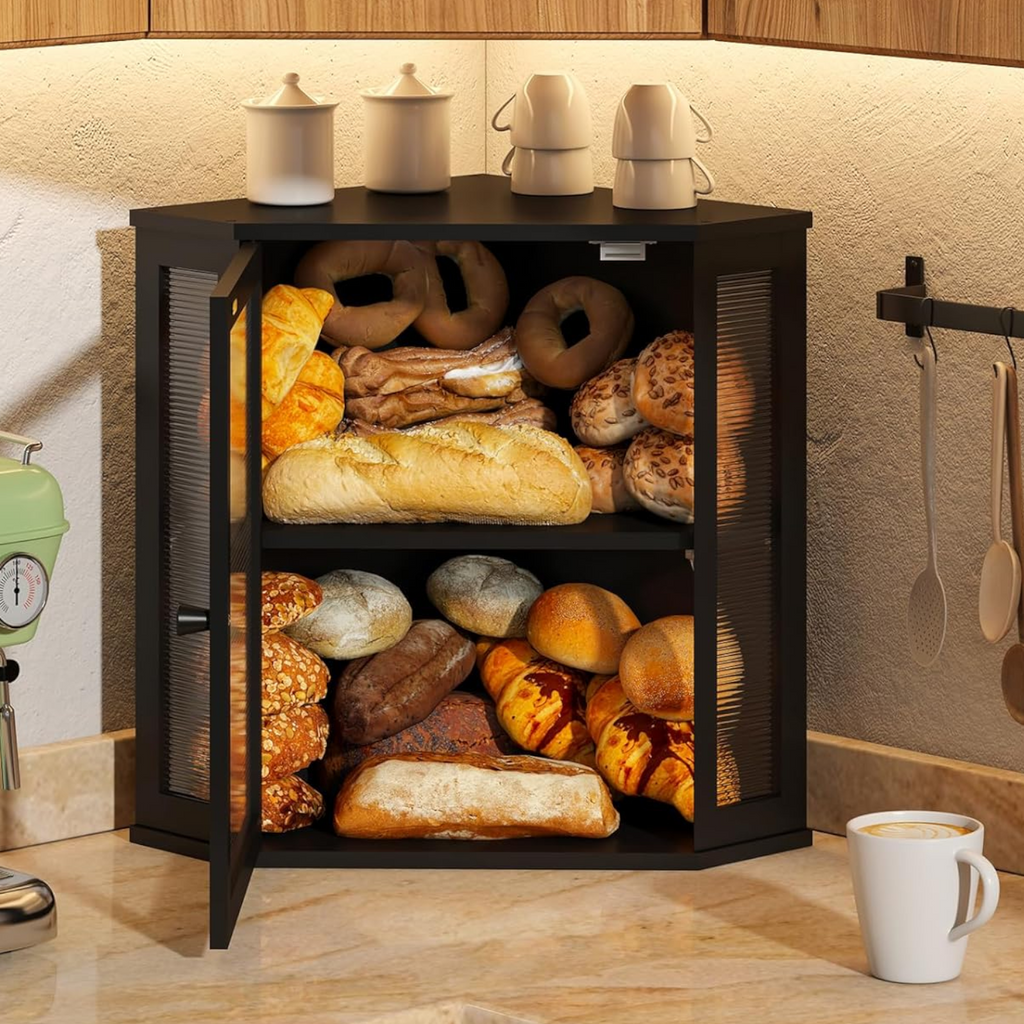 Farmhouse Corner Bread Box for Kitchen Countertop – Large White Rustic Food Storage Bin with Wavy Acrylic Door, Perfect for Country & Chicken-Themed Kitchens